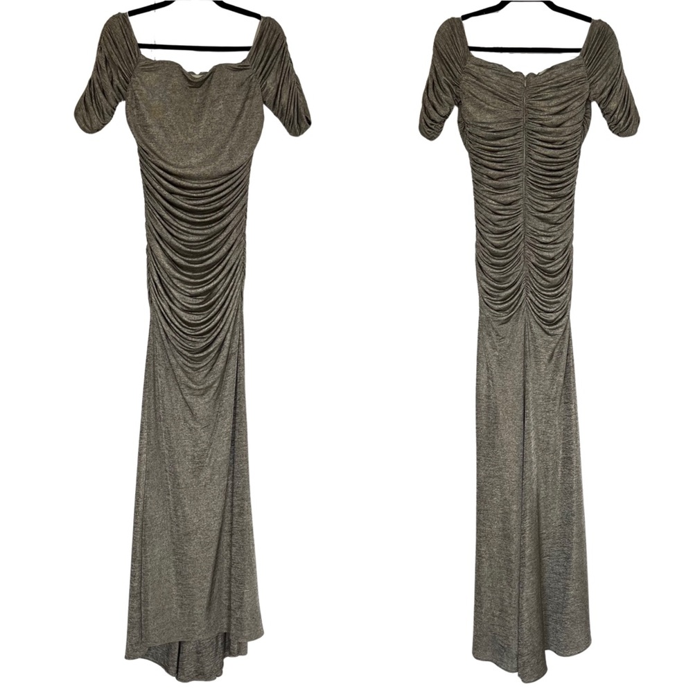 Badgley Mischka Metallic Draped Gown Off The Shoulder Ruched Dress Size 4